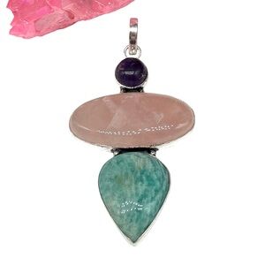 Rose Quartz Amethyst Amazonite Necklace Pendant 925 Sterling Silver Overlay